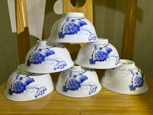 景德镇陶瓷青花鱼藻4.75寸米饭碗6只