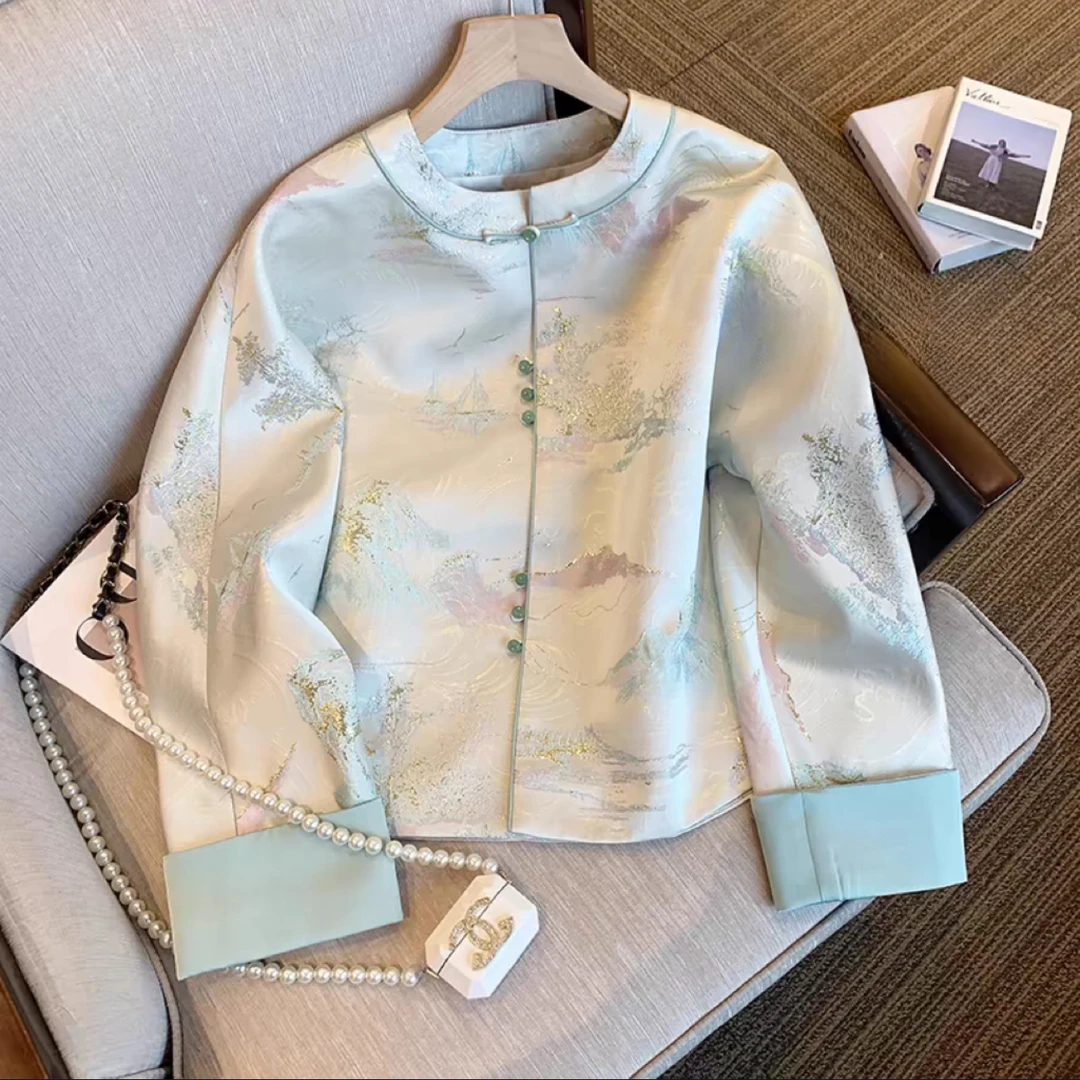 金禾【金禾专属】春季新款中式国风山水画烫金提花上衣3033