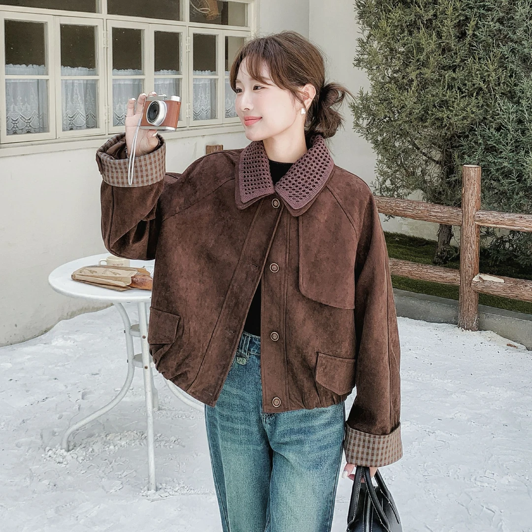 美拉德咖色短外套女2025秋季新款松弛感美式复古格纹撞色夹克上衣