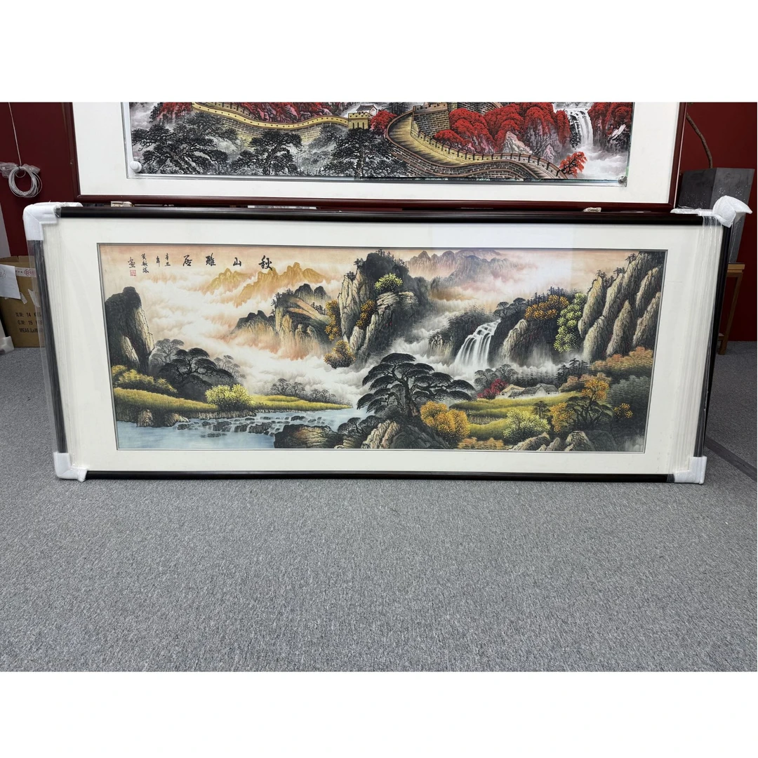 手绘【秋山雅居】装框后：219*88CM国画山水画客厅办公室挂画