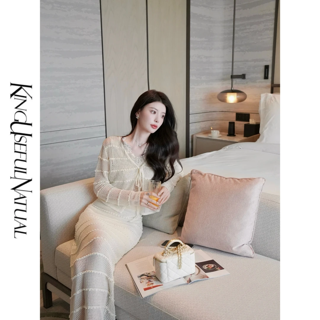 KUN【佩里月光】慵懒 镂空针织开衫半身裙两件时尚套装女春季新款