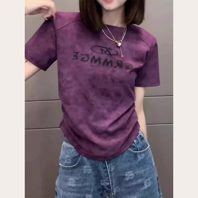 爆款扎染字母修身短袖t恤2025新款大码胖mm今年流行漂亮显瘦上衣