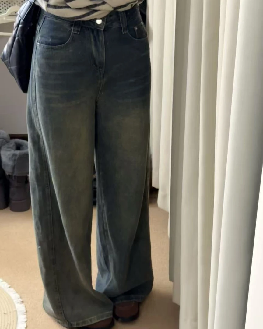 【运费险+加绒】高腰做旧厚款浅蓝色裤子百搭复古秋冬女牛仔拖地裤