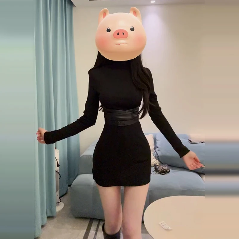 法式黑色高领打底内搭连衣裙子女2026秋冬季收腰包臀短裙气质显瘦