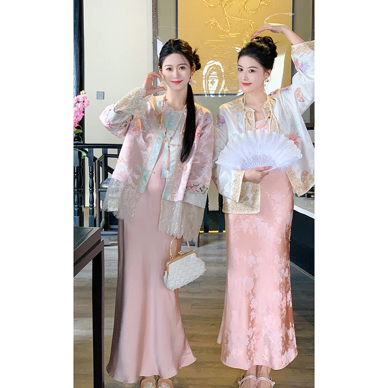 果果家【粉黛】新中式盘扣刺绣提花上衣2025女春季中国风圆领外套