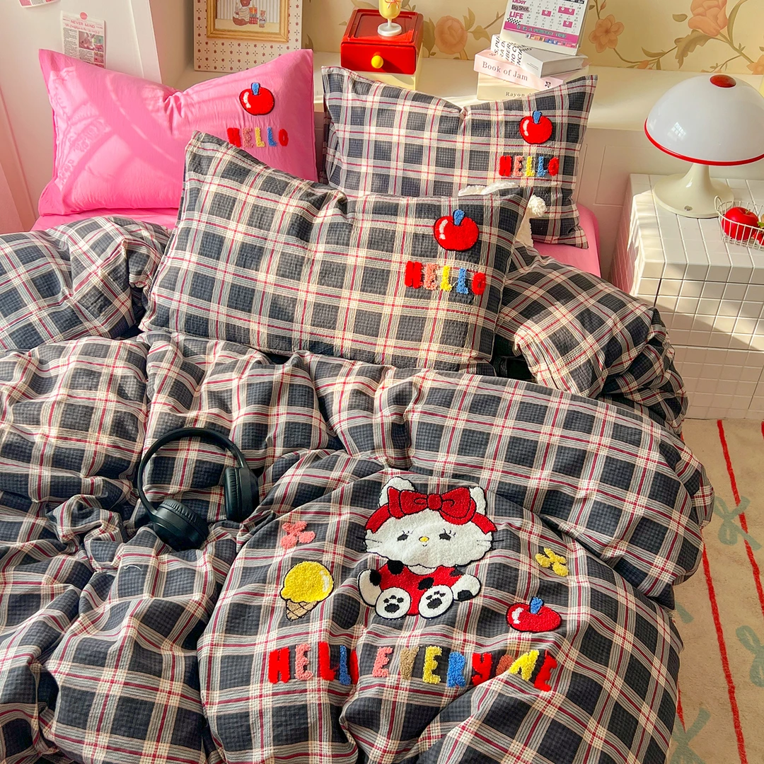 布丁猫！复古又可爱 格子透气超柔水洗棉邹邹软毛巾绣四件套