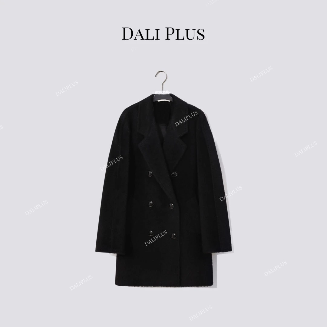DALI PLUS“重磅100苏丽” 中长款黑苏力毛呢大衣-D5SZ8154