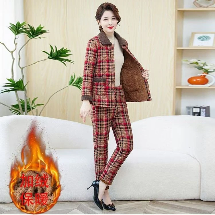 妈妈装加绒加厚两件套套装格子棉衣洋气时尚中老年女装棉袄保暖