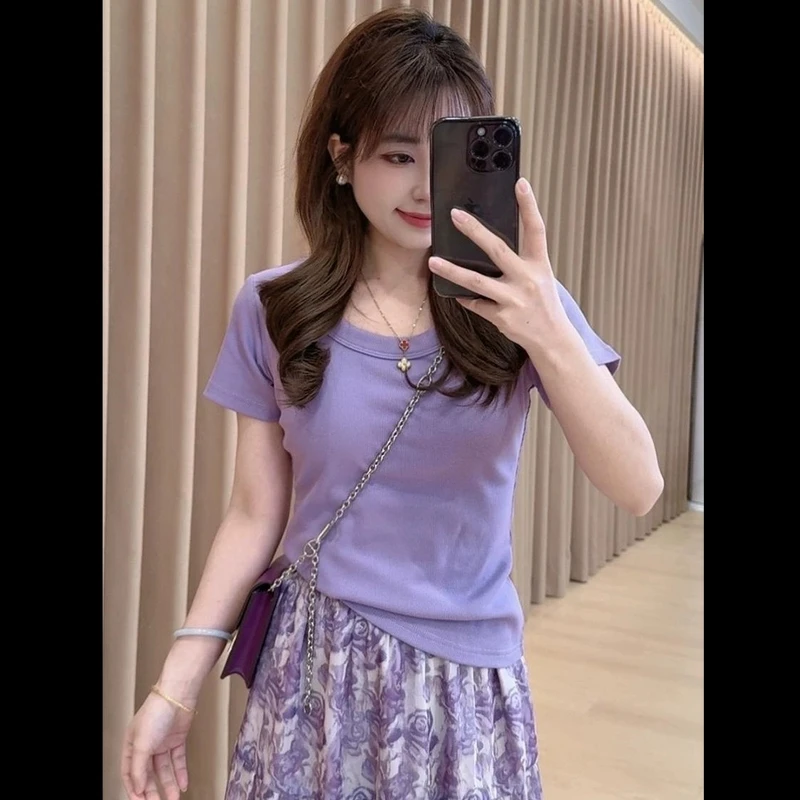韩版气质紫色正肩纯棉短袖t恤女2025夏季新款超好看洋气衣服女