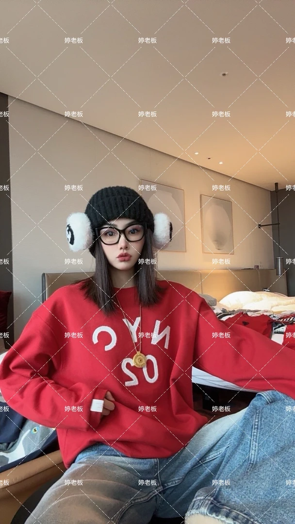 『婷老板』新款、N字母02百搭红色卫衣3535-7