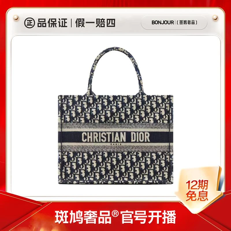 99新 DIOR/迪奥 Book Tote老花满印刺绣中号/大号托特包