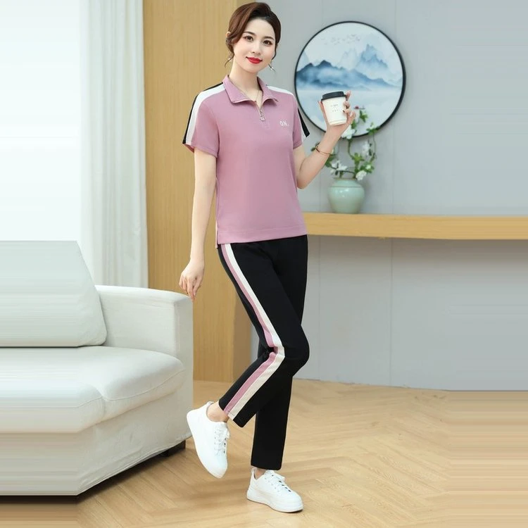 中老年妈妈短袖T恤上衣女休闲运动服2025夏季新款两件套装洋气薄