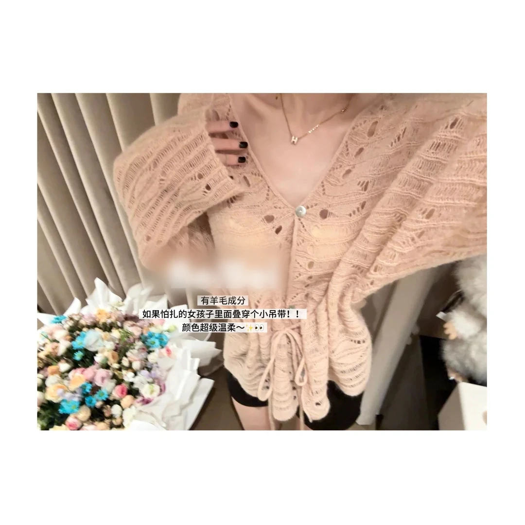 抽绳设计镂空慵懒风穿搭针织开衫外套长袖宽松休闲上衣女秋00732