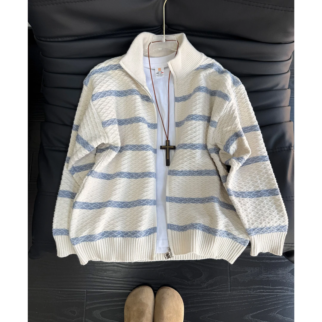 韩系复古立领开衫条纹毛衣男款秋冬季情侣针织衫cleanfit美式外套