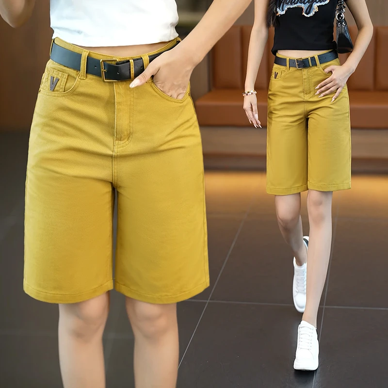 姜黄色软牛仔五分短裤女夏季薄2025新款高腰宽松显瘦直筒休闲中裤