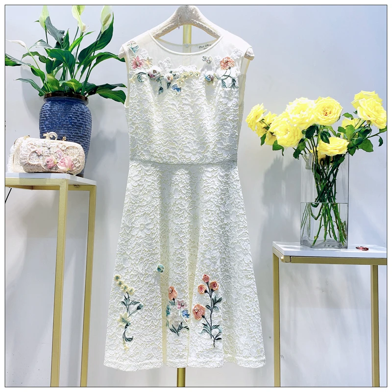 Pink Mary粉红玛琍米白色圆领无袖连衣裙子女时尚气质PMAGW521682