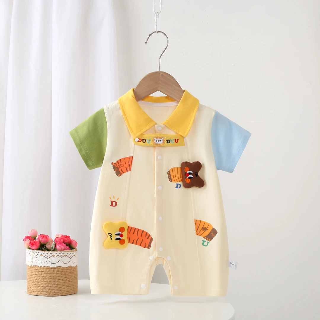 婴幼儿夏季新款方翻领撞色半袖连体清新洋气舒适短袖外出服