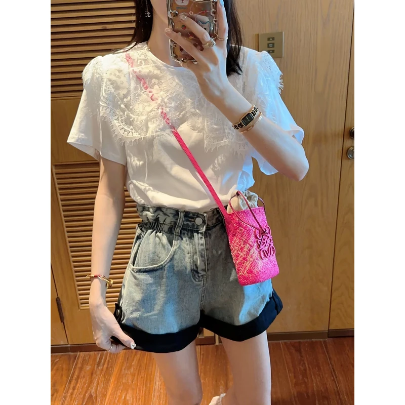 【张静芝】睫毛蕾丝荷叶领精致女生夏季简约白色短袖T恤