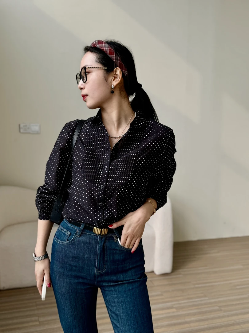 【不退不换】618福利 显瘦气质长袖波点秋夏桑蚕丝真丝衬衫0170
