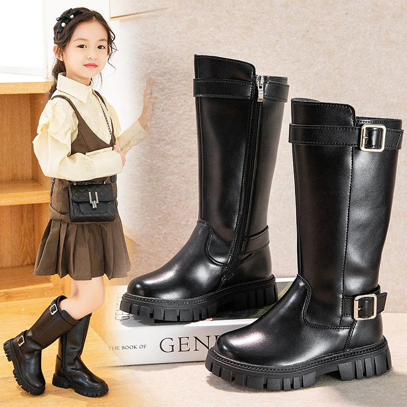 女童骑士靴韩版皮靴棉靴长筒靴中大童小女孩儿童高筒时装靴冬加绒