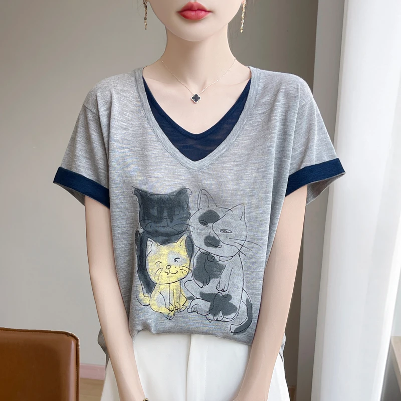 新款竹节麻针织短袖猫咪t恤女V领休闲宽松慵懒外套上衣薄款假两件