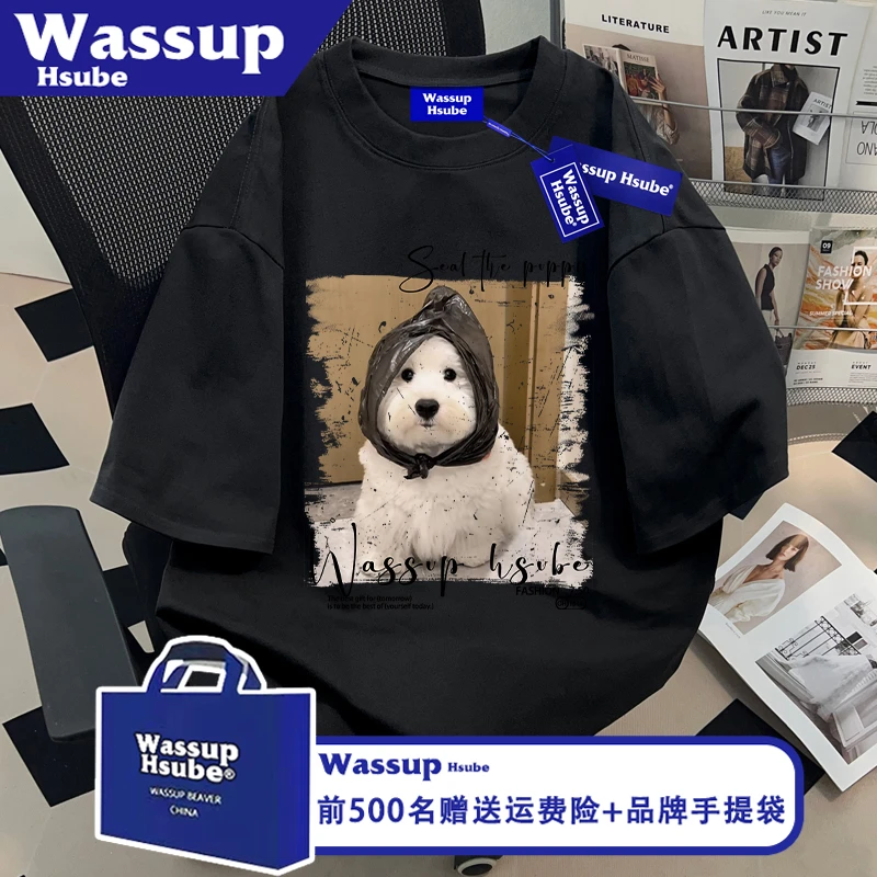 WASSUP HSUBE可爱小狗印花T恤夏纯棉短袖ins黑色男女舒适宽松上衣