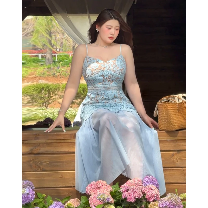 现货【海盐蓝冰】法式蕾丝拼接吊带连衣裙夏修身收腰可拆卸网纱长裙