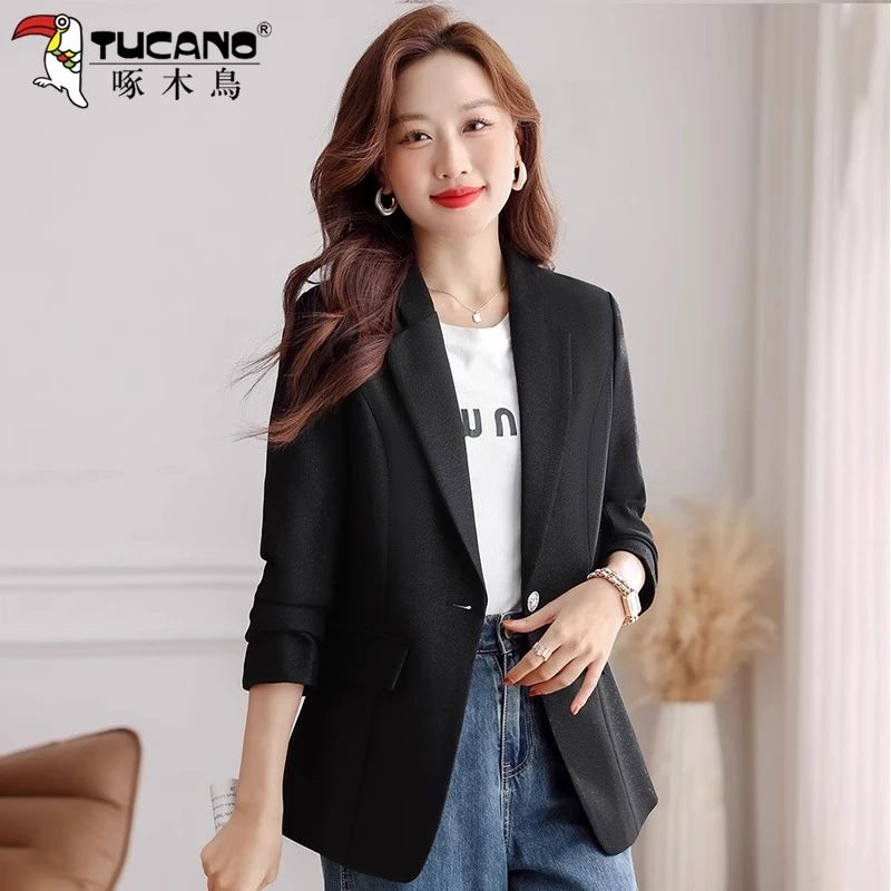 【官方】啄木鸟西装外套春秋2025新款女士休闲简约职业正装时髦上衣