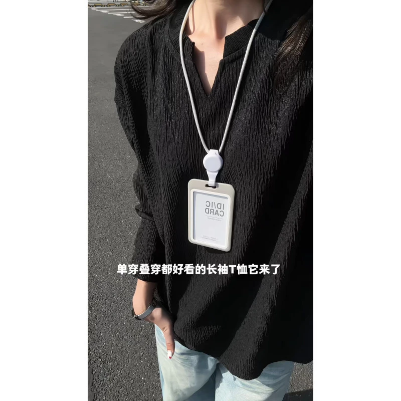 褶皱肌理感V领长袖T恤男女秋季慵懒风松弛感穿搭无帽卫衣打底内搭