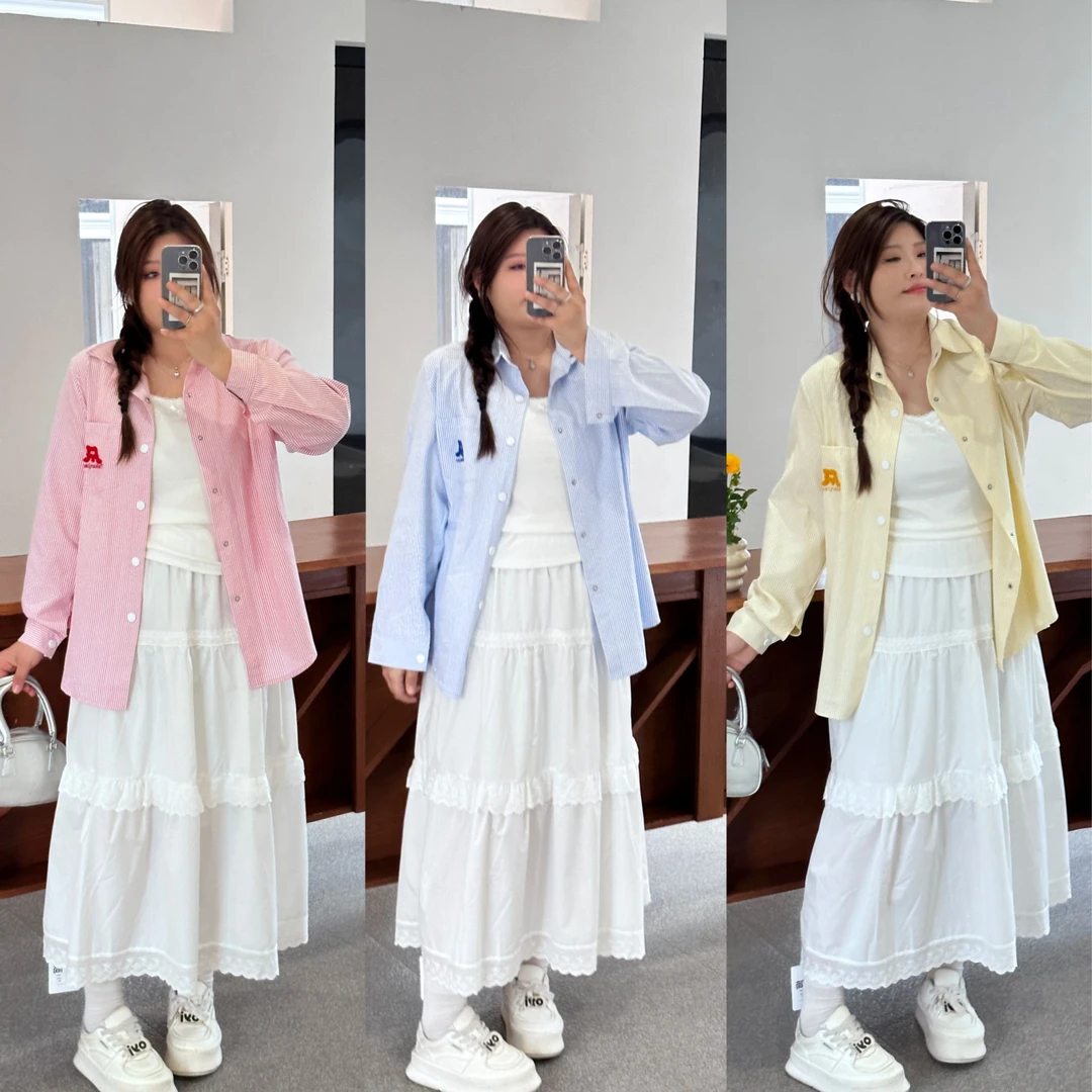 洋开心大码女装春夏新款条纹衬衫长袖防晒衬衣叠穿外套