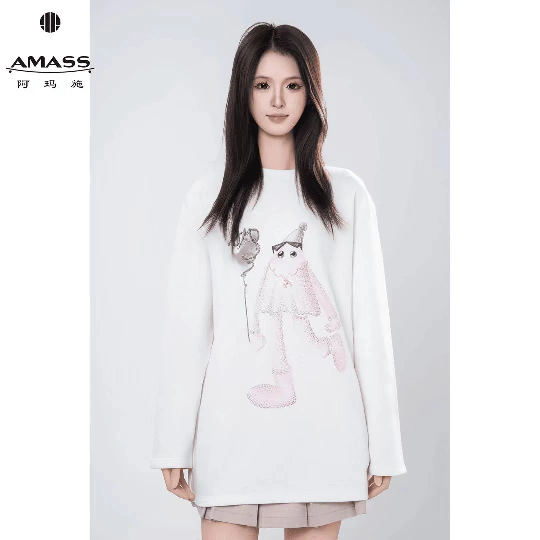 AMASS/阿玛施【早秋穿搭】新款时尚烫钻印花休闲百搭长袖T恤 530189