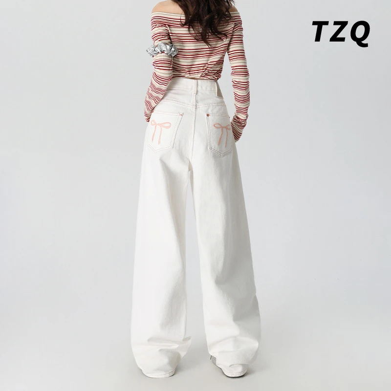 韩系蝴蝶结刺绣阔腿牛仔裤女2025春秋新款设计感直筒裤TZQ2511319