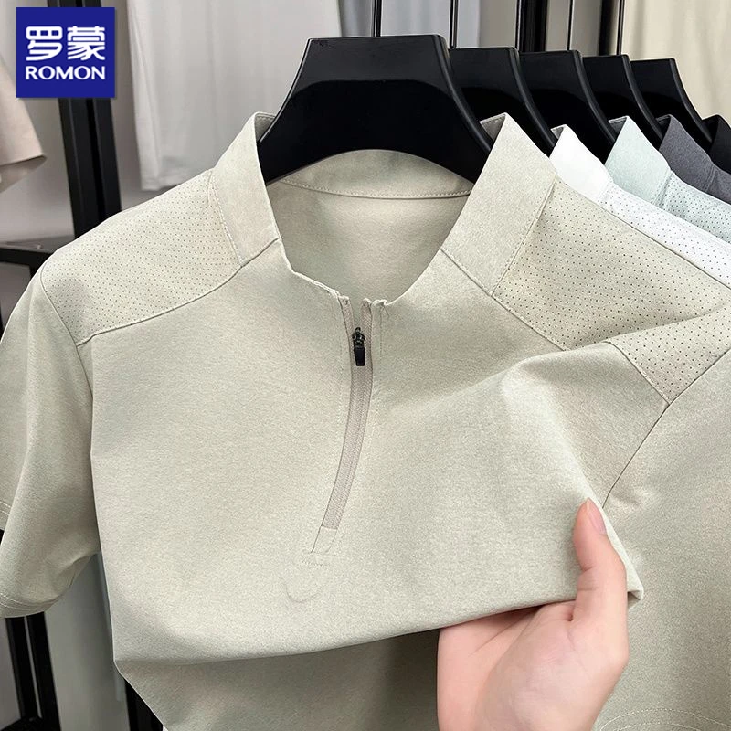 罗蒙男士2025年新款吸湿速干运动型拼接带拉链款T桖短袖夏季上衣