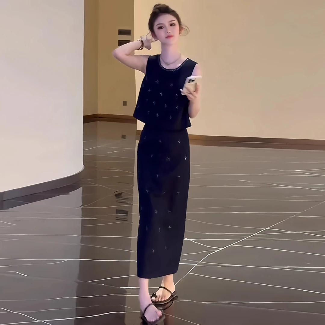 拉夏贝尔小香风无袖背心上衣+半身裙两件套女2025夏季时尚套装潮