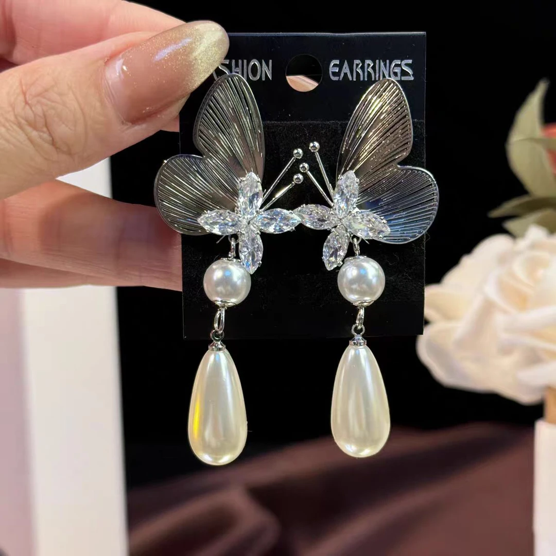 合金耳饰 超仙气质半边蝴蝶水滴流苏