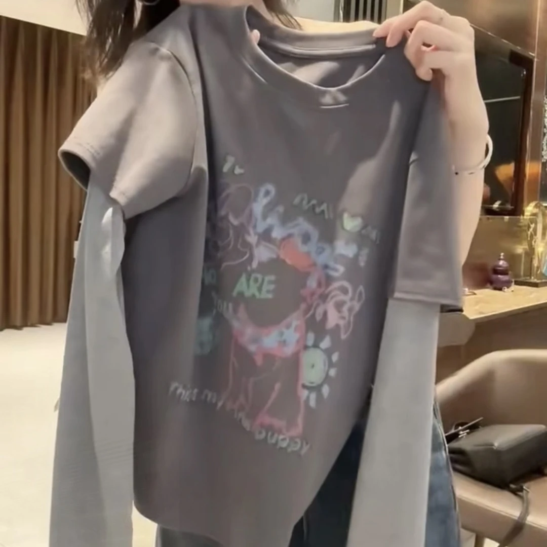 印花数码直喷长袖常规款常规T恤女士夏季宽松假两件5240