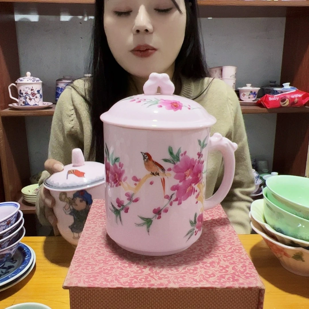 摆件陶景德镇红xixi水点桃花办公杯