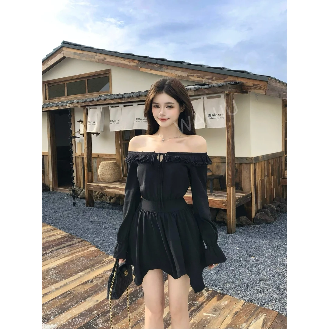 画解WAHJU【巴黎夜色】早秋蕾丝花边设计感黑色少女连衣裙9833W