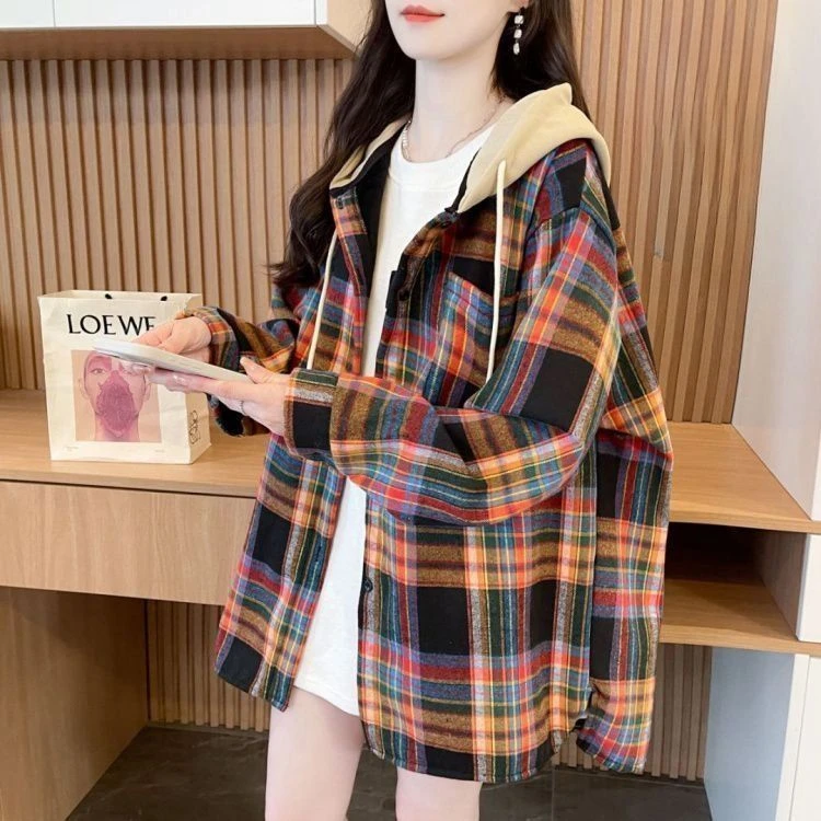 连帽格子衬衫女春秋季2025新款爆款长袖衬衣宽松大码开衫上衣外套