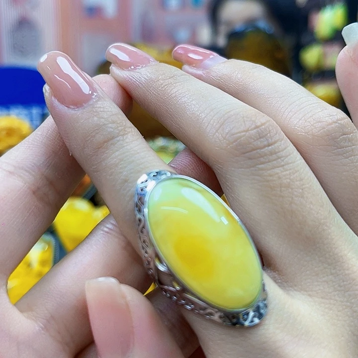 蜜蜡银S925镶嵌裸石戒指