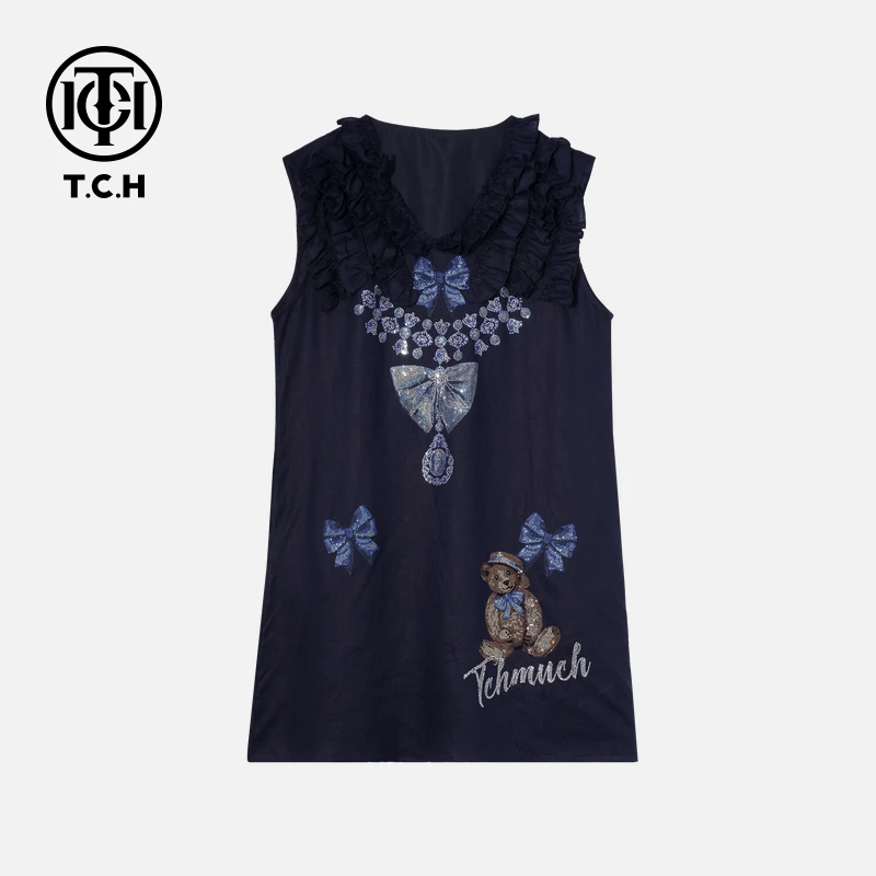 TCH私服烫钻工艺时尚休闲百搭蝴蝶结连衣裙女T75B30E5067轻奢tch