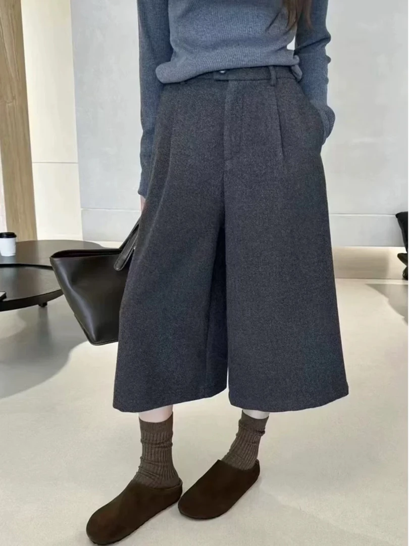 毛呢百搭显瘦阔腿裤女时尚高腰宽松八分休闲裤996030