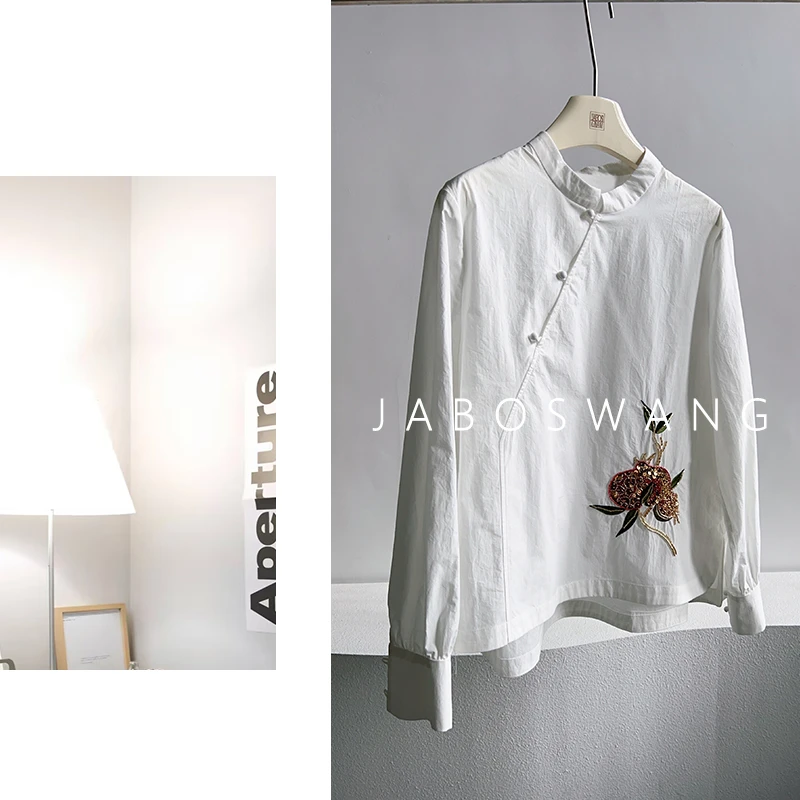 S1636石榴衬衫新中式立领刺绣衬衫女白色斜襟钉珠复古文艺上衣