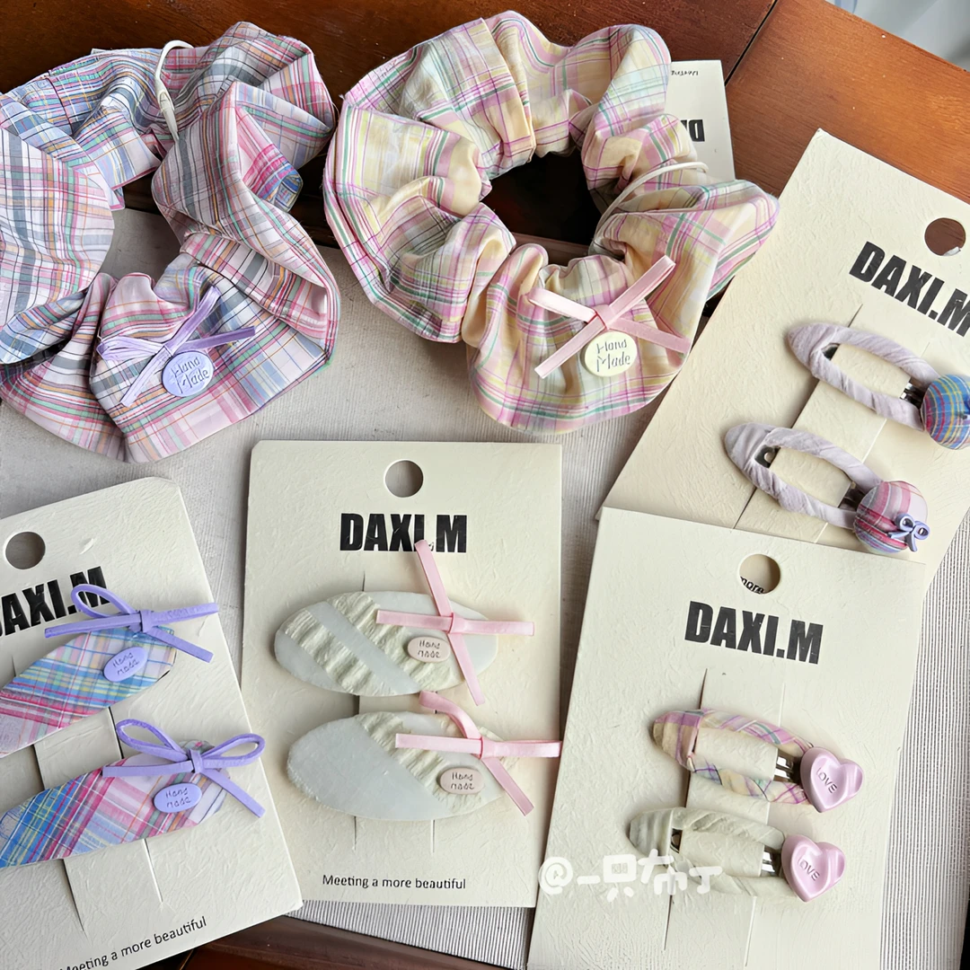 格纹系女孩春夏韩版发饰3卡女童发夹发圈可组亲子布艺BB夹森系