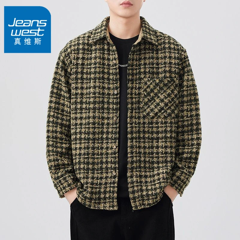 真维斯春秋款日系复古男士宽松休闲小香风色织格子衬衣美式外套