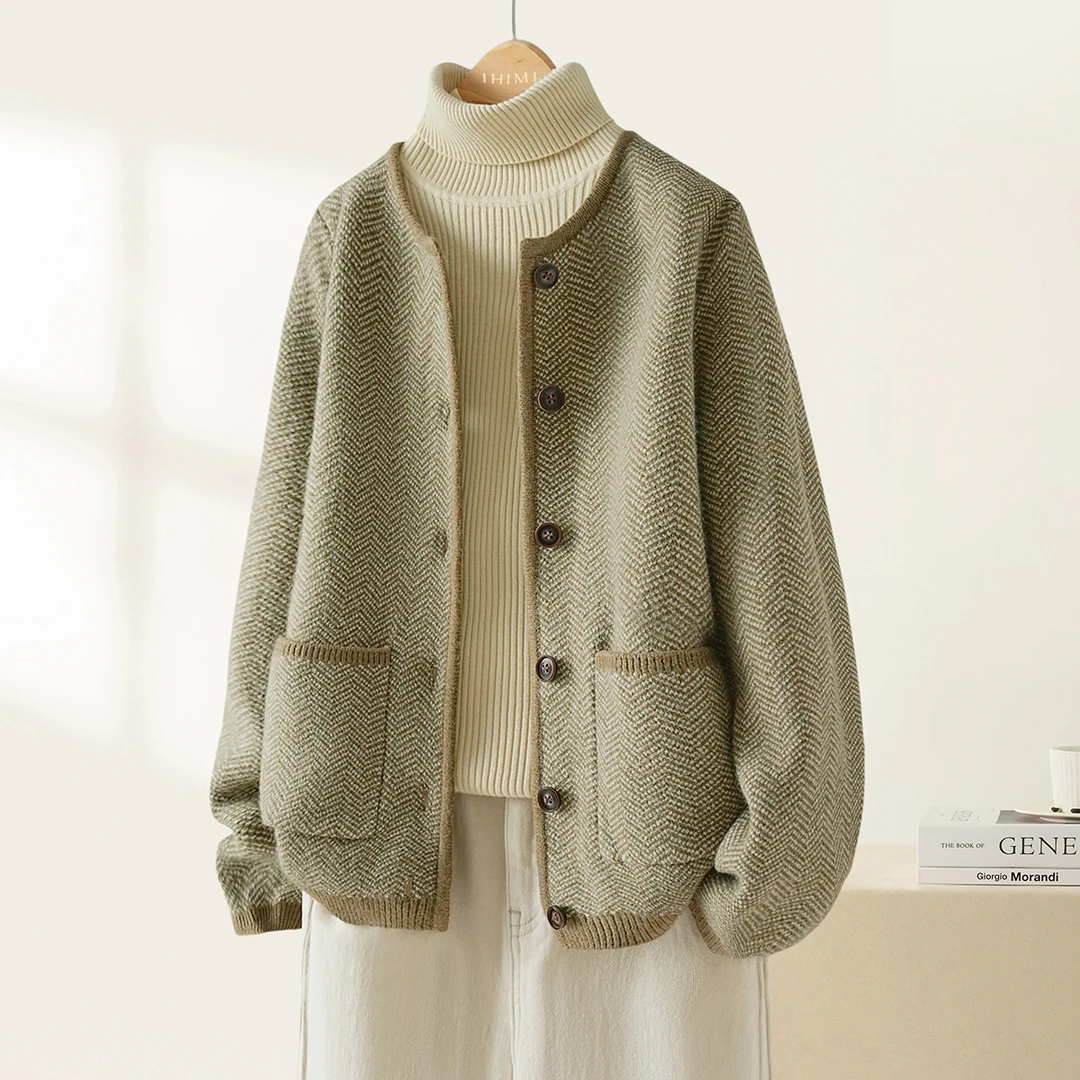 IHIMI/海谧针织衫2025春季新款休闲绿色厚款短针织衫毛衣开衫外套