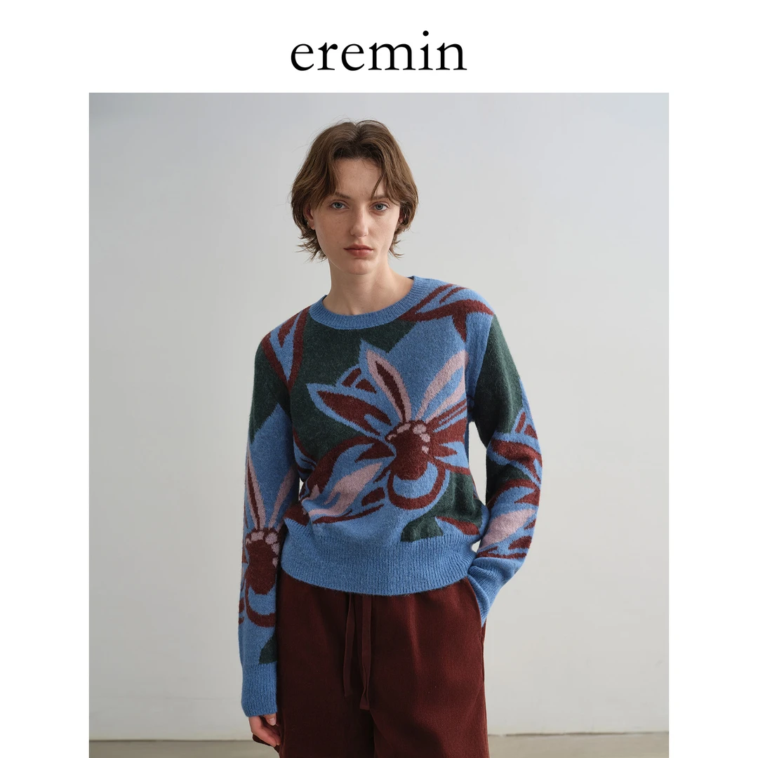 DE Mincollection花卉毛衣/提花机编织彩色图案显白圆领毛衣55138