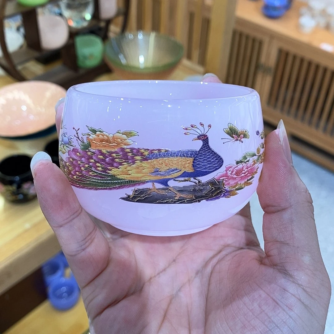 手工艺品琉璃粉红色夜光孔雀主人杯