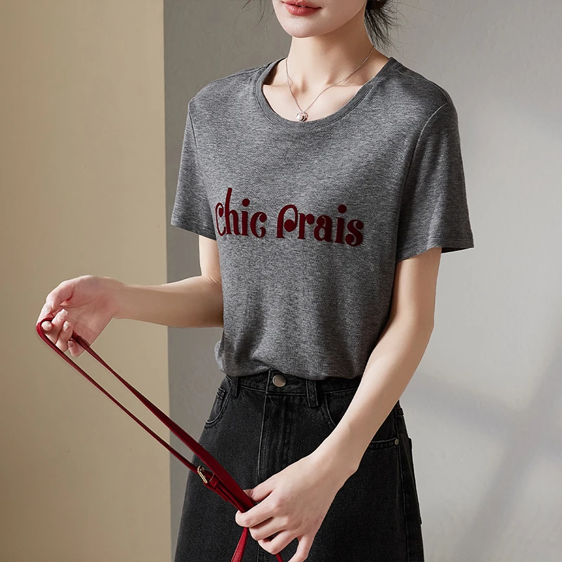 索菲丝尔2025夏季新款圆领短袖印花字母简约百搭女士T恤女527068