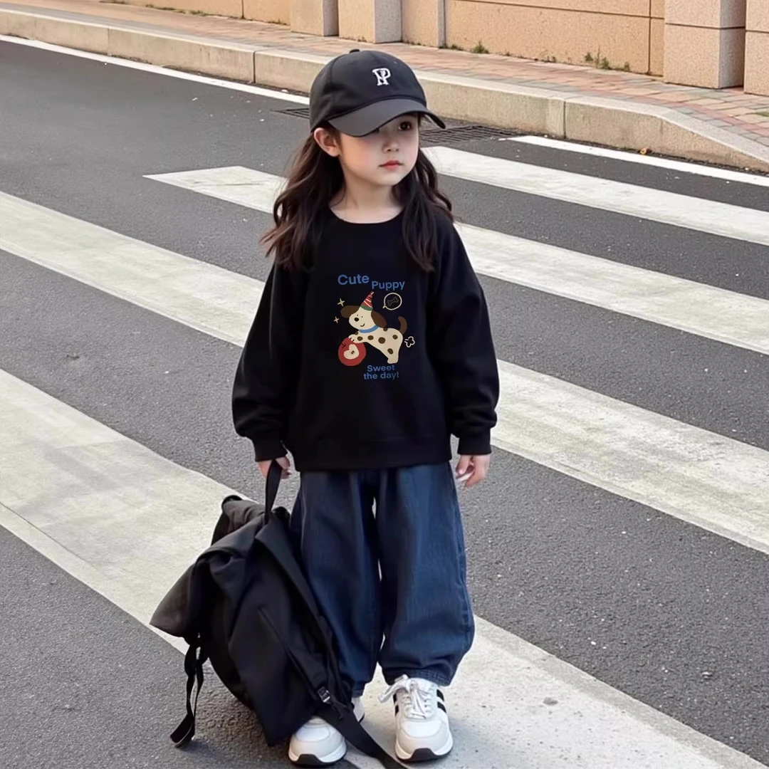 长袖女童卫衣圆领黑色2025新款儿童秋冬加厚女孩韩系童装宝宝上衣